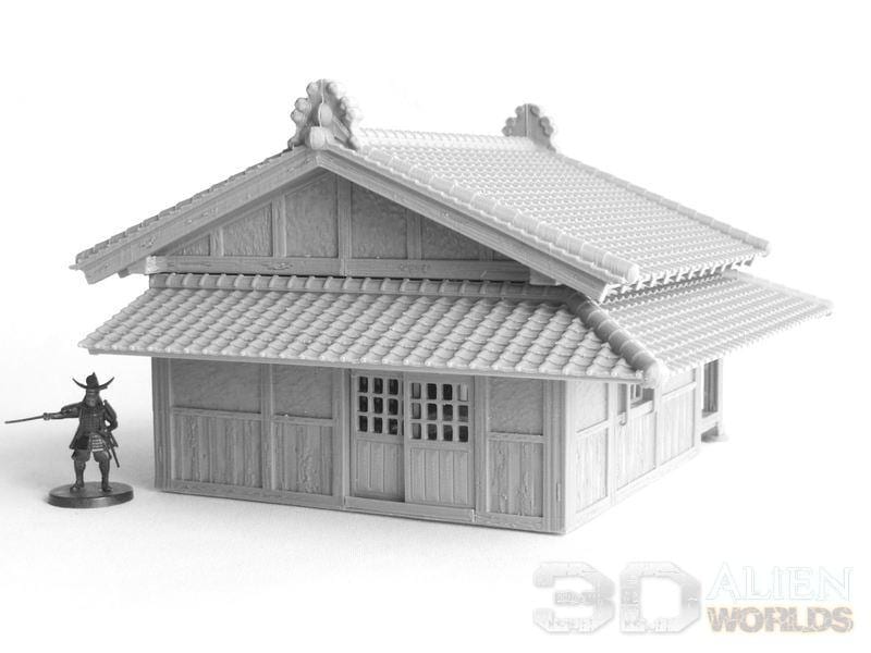 This 3D-printed Samurai Large Guest House features authentic Edo-period Japanese architecture with tiled roofs, sliding shoji doors, and multiple rooms, perfect for samurai-themed tabletop RPGs and wargames.