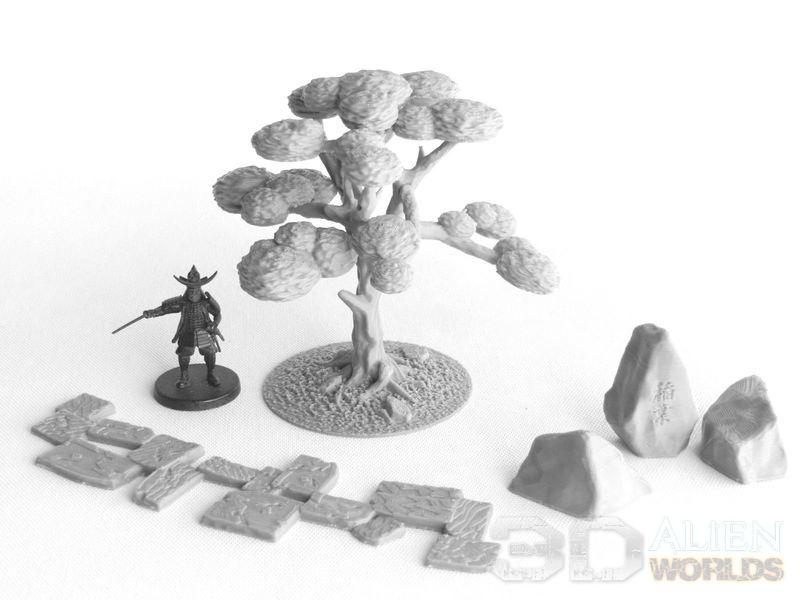 This 3D-printed Samurai Garden Set features authentic Edo-period Japanese garden elements including a tree, ornamental stones, and a stone pathway, perfect for samurai-themed tabletop RPGs and wargames