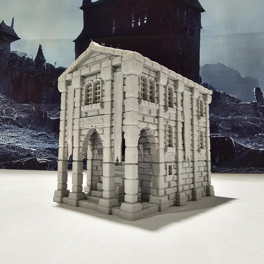 Detailed 3D-printed medieval city bank with stone walls, ornate columns, and banking hall, perfect for tabletop RPGs like Dungeons & Dragons and Pathfinder.