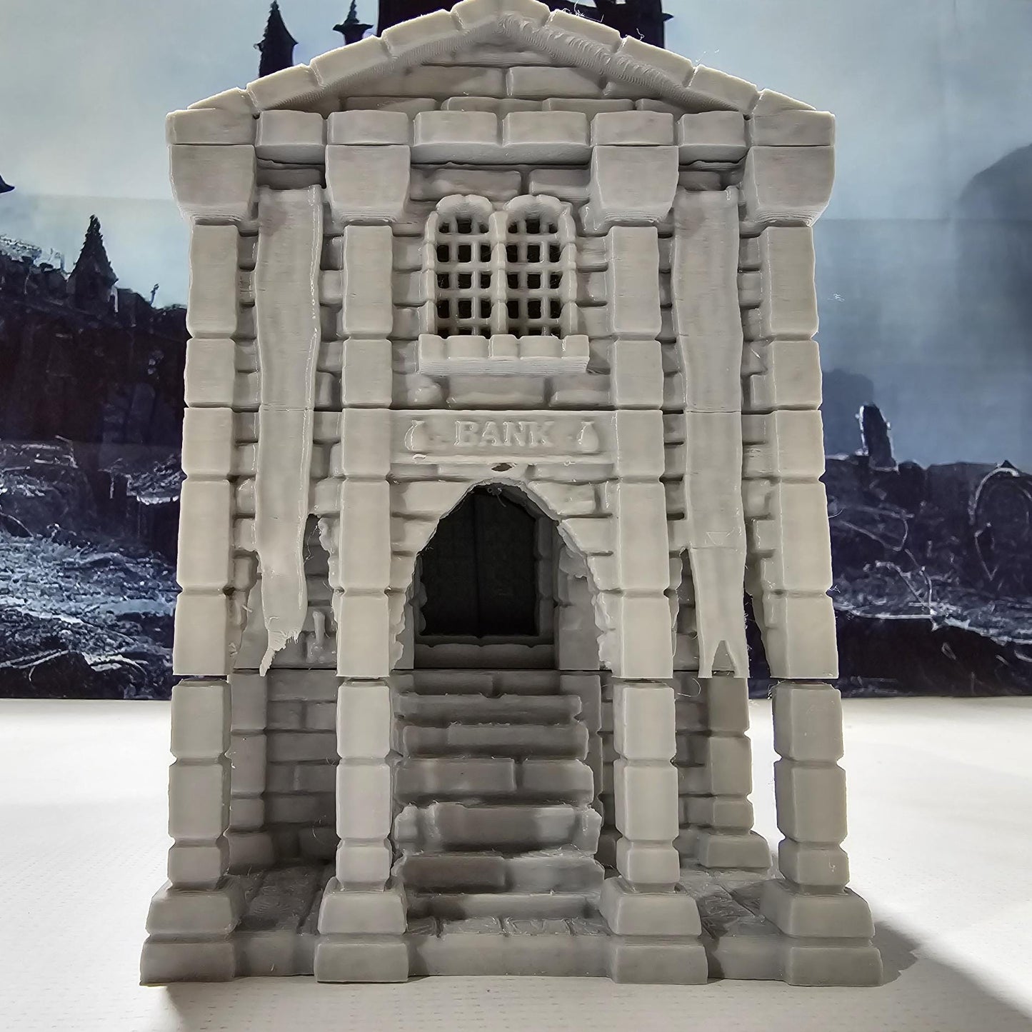 Detailed 3D-printed medieval city bank with stone walls, ornate columns, and banking hall, perfect for tabletop RPGs like Dungeons & Dragons and Pathfinder.