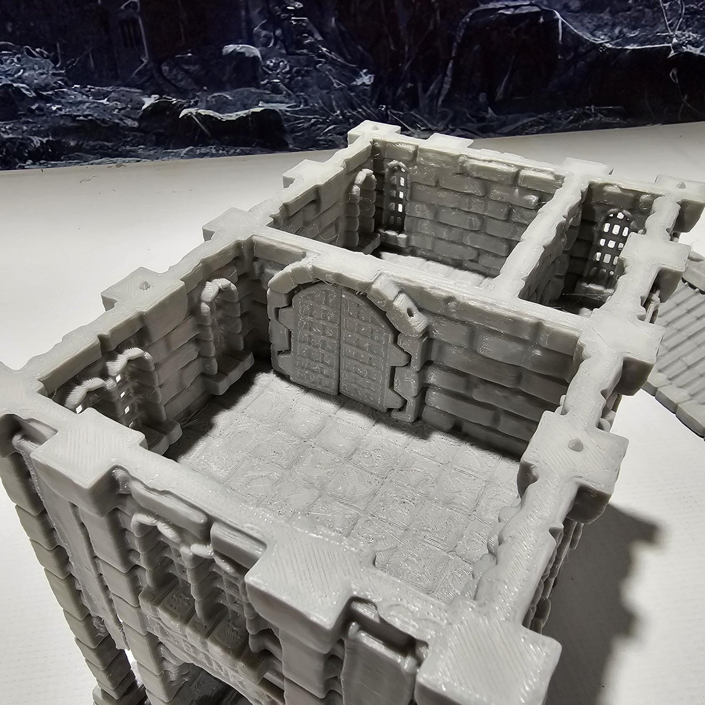 Detailed 3D-printed medieval city bank with stone walls, ornate columns, and banking hall, perfect for tabletop RPGs like Dungeons & Dragons and Pathfinder.