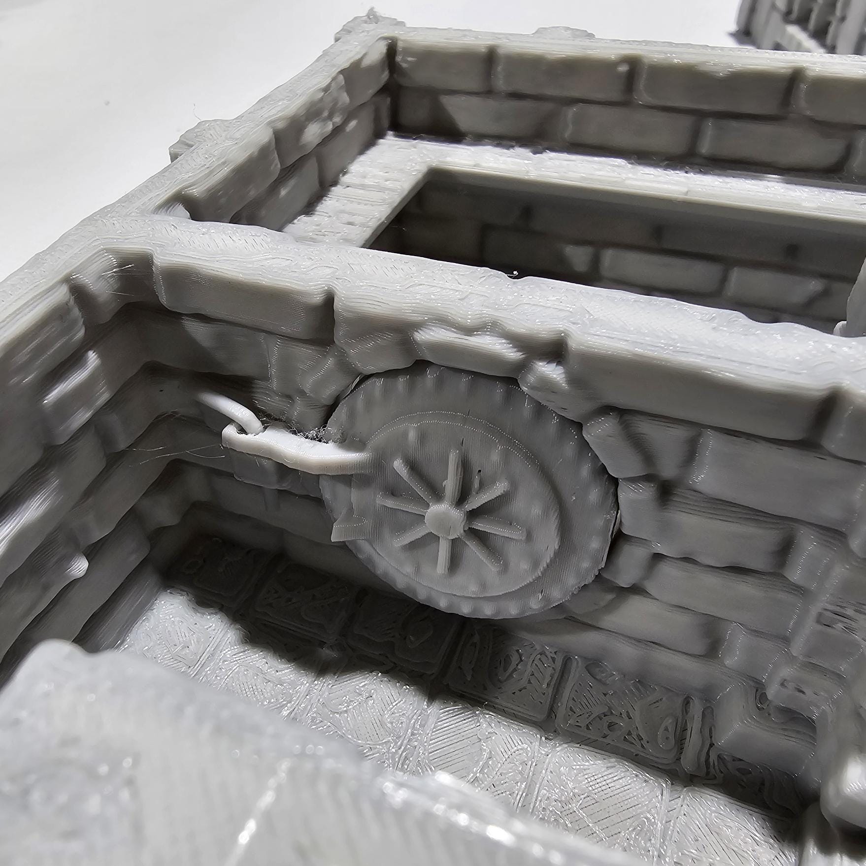 Detailed 3D-printed medieval city bank with stone walls, ornate columns, and banking hall, perfect for tabletop RPGs like Dungeons & Dragons and Pathfinder.