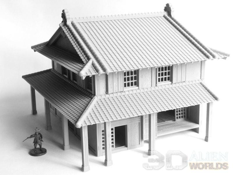 This 3D-printed Samurai Kitchen features authentic Edo-period Japanese architecture with a two-story design, tiled roofs, and multiple rooms, perfect for samurai-themed tabletop RPGs and wargames.