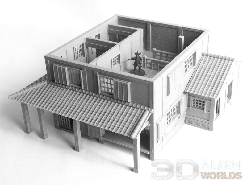 This 3D-printed Samurai Kitchen features authentic Edo-period Japanese architecture with a two-story design, tiled roofs, and multiple rooms, perfect for samurai-themed tabletop RPGs and wargames.