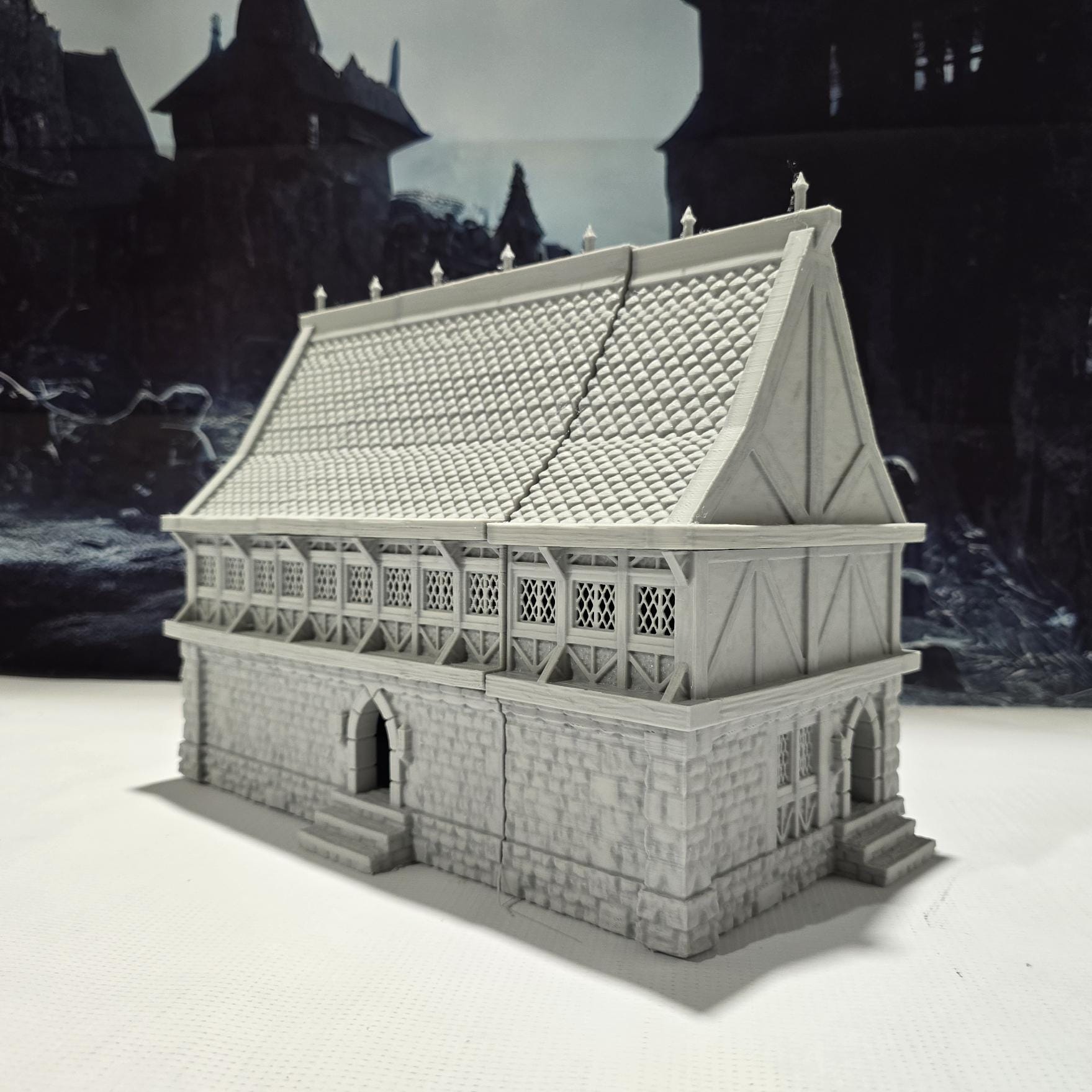 A detailed 3D-printed model of a modular warehouse for tabletop RPGs like DnD and Pathfinder. Features include brick walls, metal beams, storage crates, shelving units, and broken machinery. Perfect for urban and industrial gaming scenarios