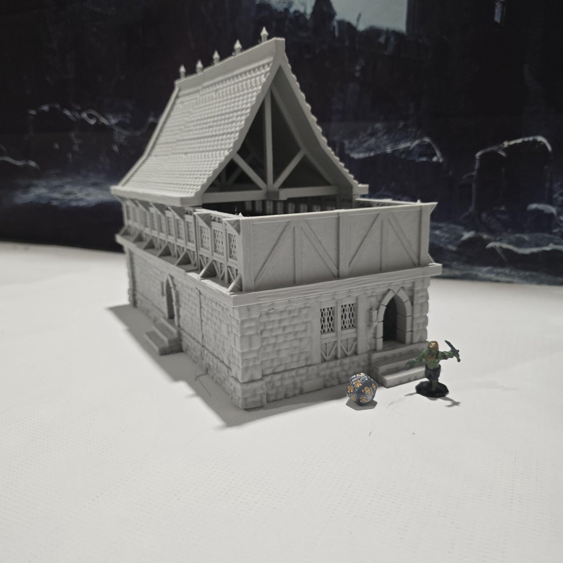 A detailed 3D-printed model of a modular warehouse for tabletop RPGs like DnD and Pathfinder. Features include brick walls, metal beams, storage crates, shelving units, and broken machinery. Perfect for urban and industrial gaming scenarios