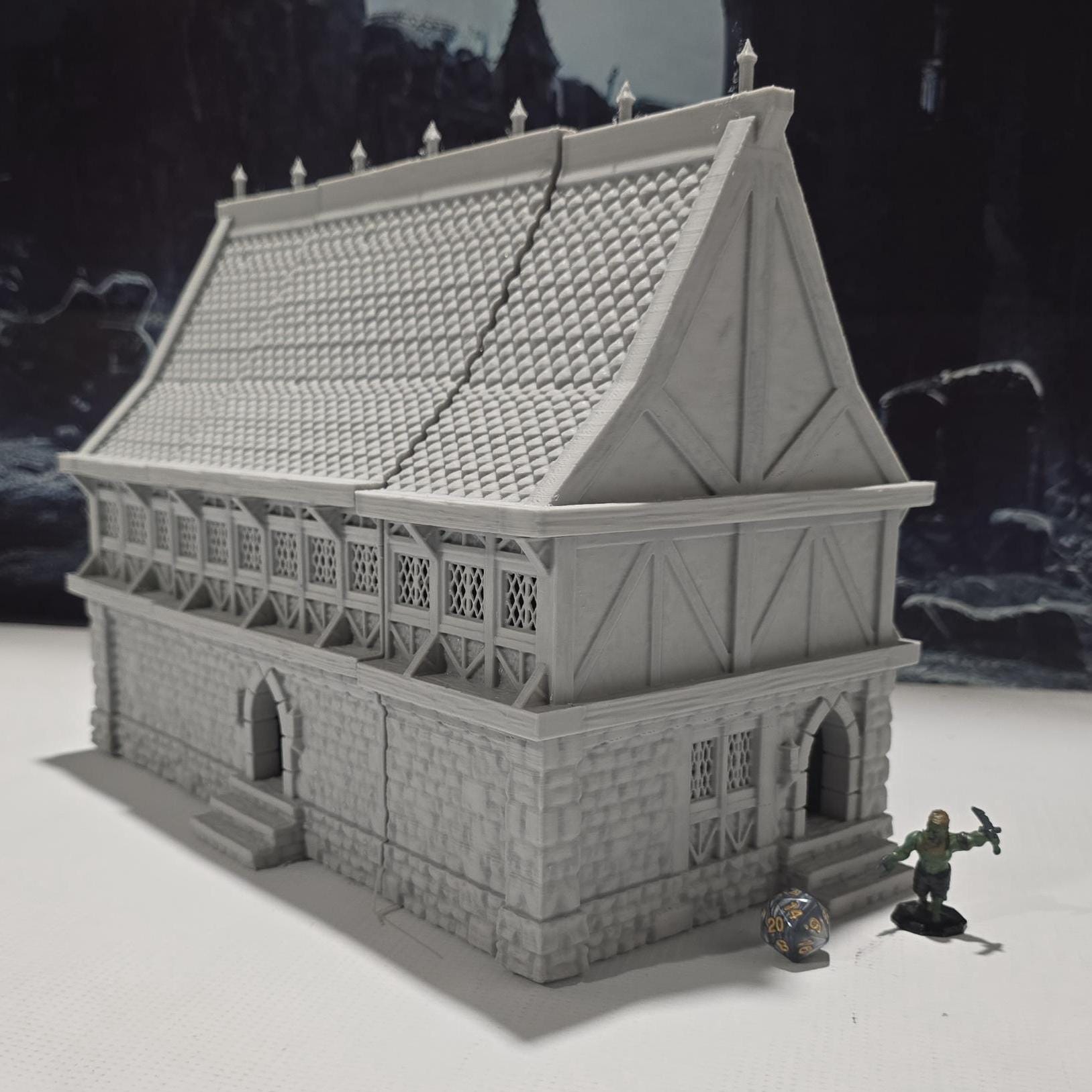 A detailed 3D-printed model of a modular warehouse for tabletop RPGs like DnD and Pathfinder. Features include brick walls, metal beams, storage crates, shelving units, and broken machinery. Perfect for urban and industrial gaming scenarios