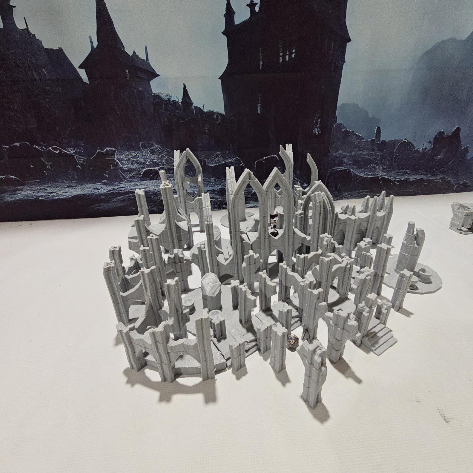 A detailed 3D-printed model of Elven ruins for tabletop RPGs like DnD and Pathfinder. Features include intricate stone walls, elegant arches, and remnants of Elven craftsmanship. Perfect for fantasy and historical settings, adding depth and immersion