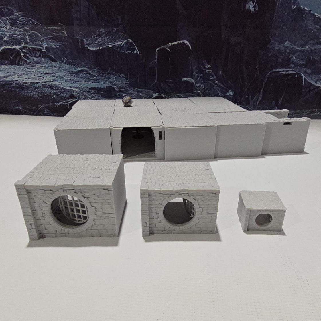 Detailed 3D-printed Ancrabourg Sewer System set for tabletop RPGs like DnD and Pathfinder. Features include intricate stone walls, water entries, manholes, and connecting tunnels. Ideal for adding depth and immersion to underground and sewer