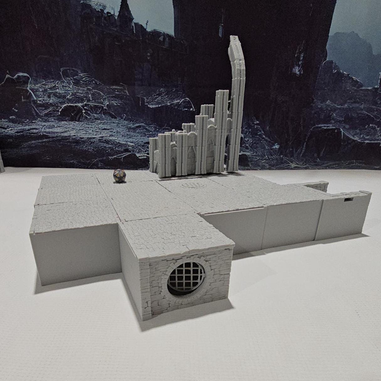 Detailed 3D-printed Ancrabourg Sewer System set for tabletop RPGs like DnD and Pathfinder. Features include intricate stone walls, water entries, manholes, and connecting tunnels. Ideal for adding depth and immersion to underground and sewer