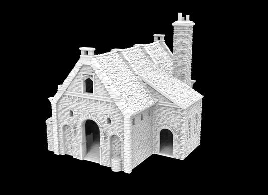 3D-printed model of Moore&#39;s Brewery, showcasing intricate stonework & period-accurate architectural features from the late 1700s to early 1800s. The building includes detailed interior rooms, brewing equipment, offering a realistic historical setting