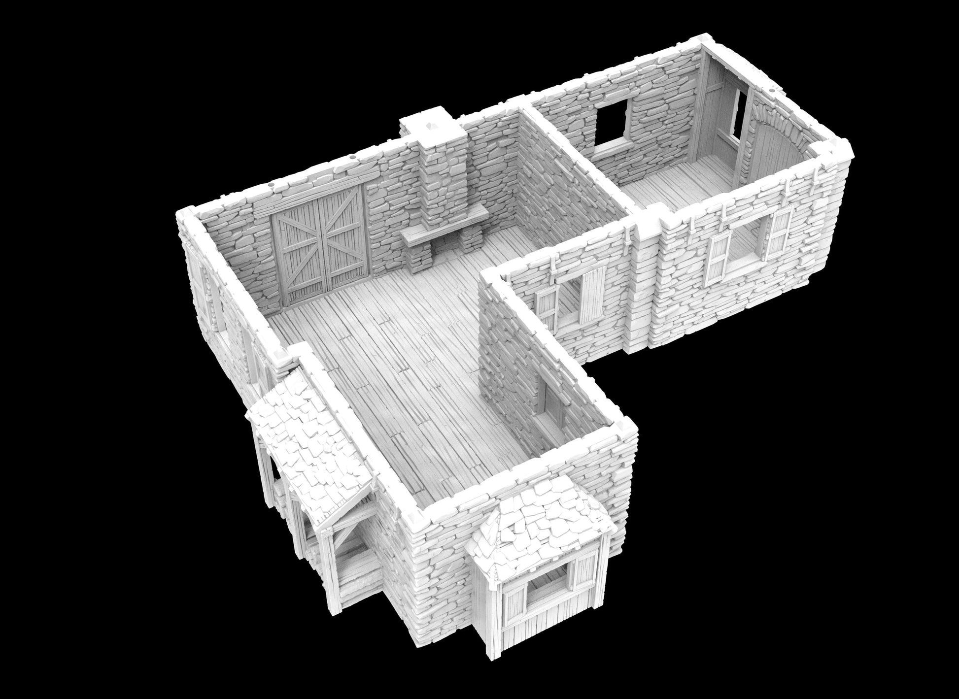 3D-printed model of the Thornewood Residence, showcasing rustic stone walls, a slate roof, multiple chimneys, & an adjoining barn. The interior includes multiple rooms and a central fireplace, offering a versatile setting for various gameplay