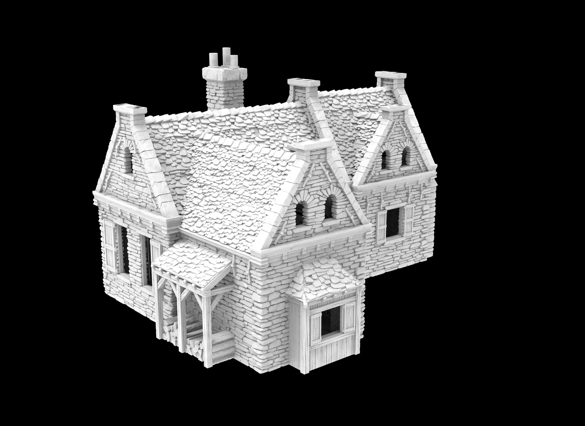 3D-printed model of the Thornewood Residence, showcasing rustic stone walls, a slate roof, multiple chimneys, & an adjoining barn. The interior includes multiple rooms and a central fireplace, offering a versatile setting for various gameplay