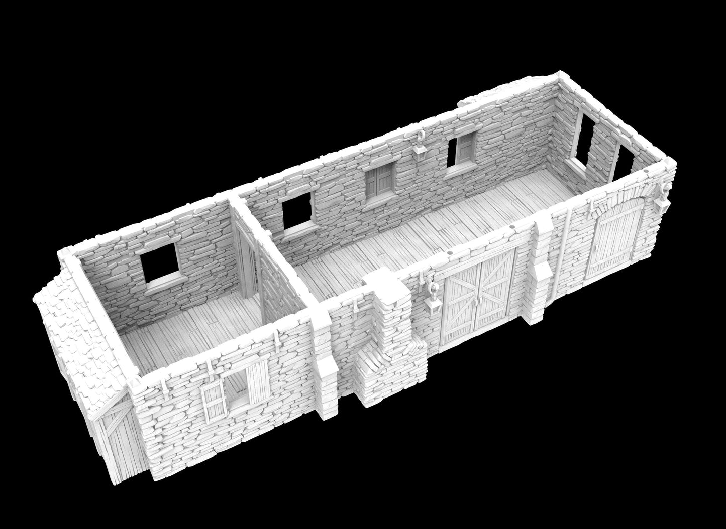 colonial-era stone house with detailed textures, featuring two rooms, multiple chimneys, and a front porch. The structure includes a realistic wooden floor and stone exterior, ideal for tabletop RPGs and wargaming scenarios.