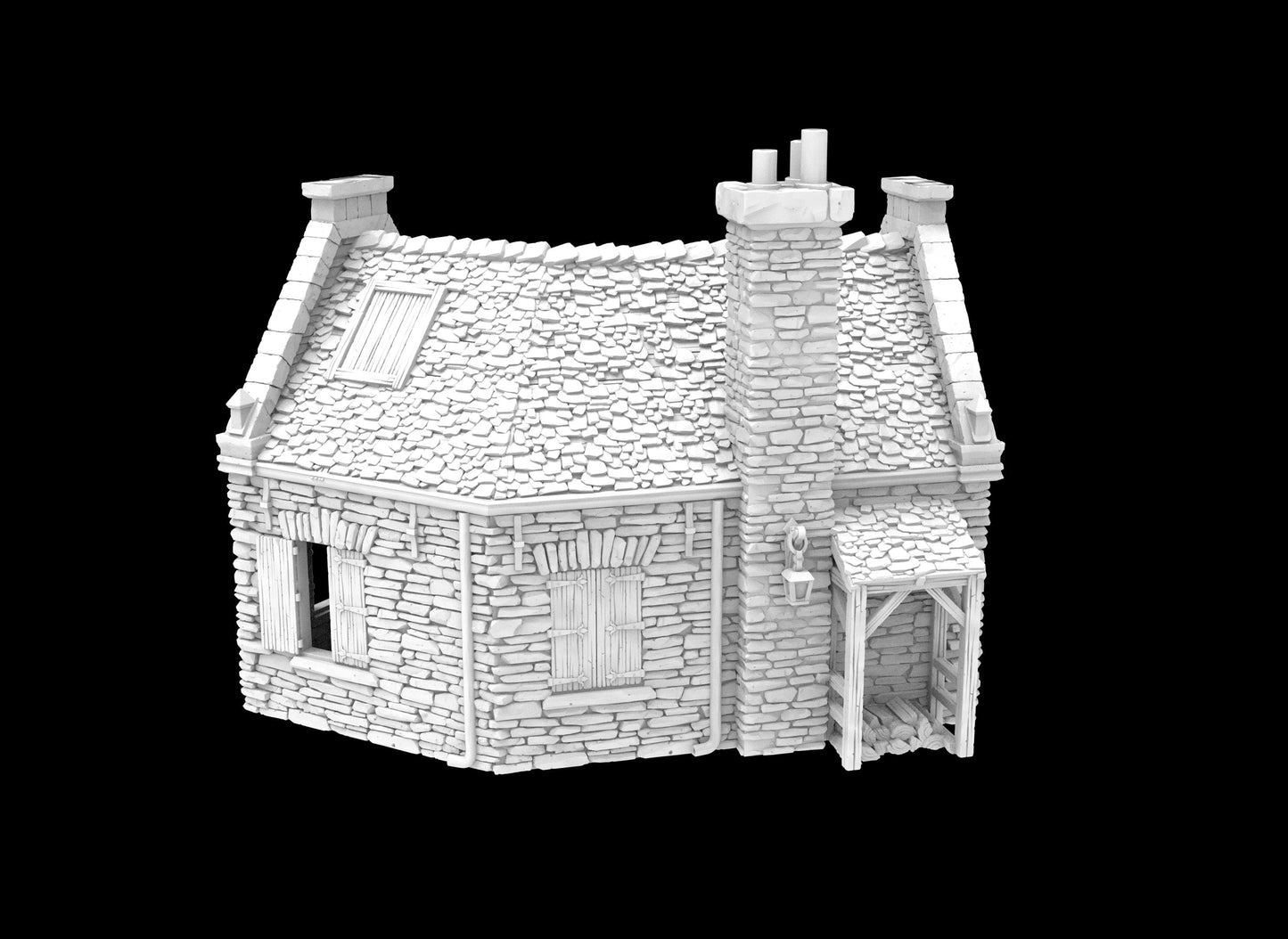 3D-printed model of a small stone house, featuring a sloped roof, chimney, and covered entryway. The interior offers an open single-room layout, perfect for tabletop gameplay. Ideal for historical and fantasy settings, enhancing immersion