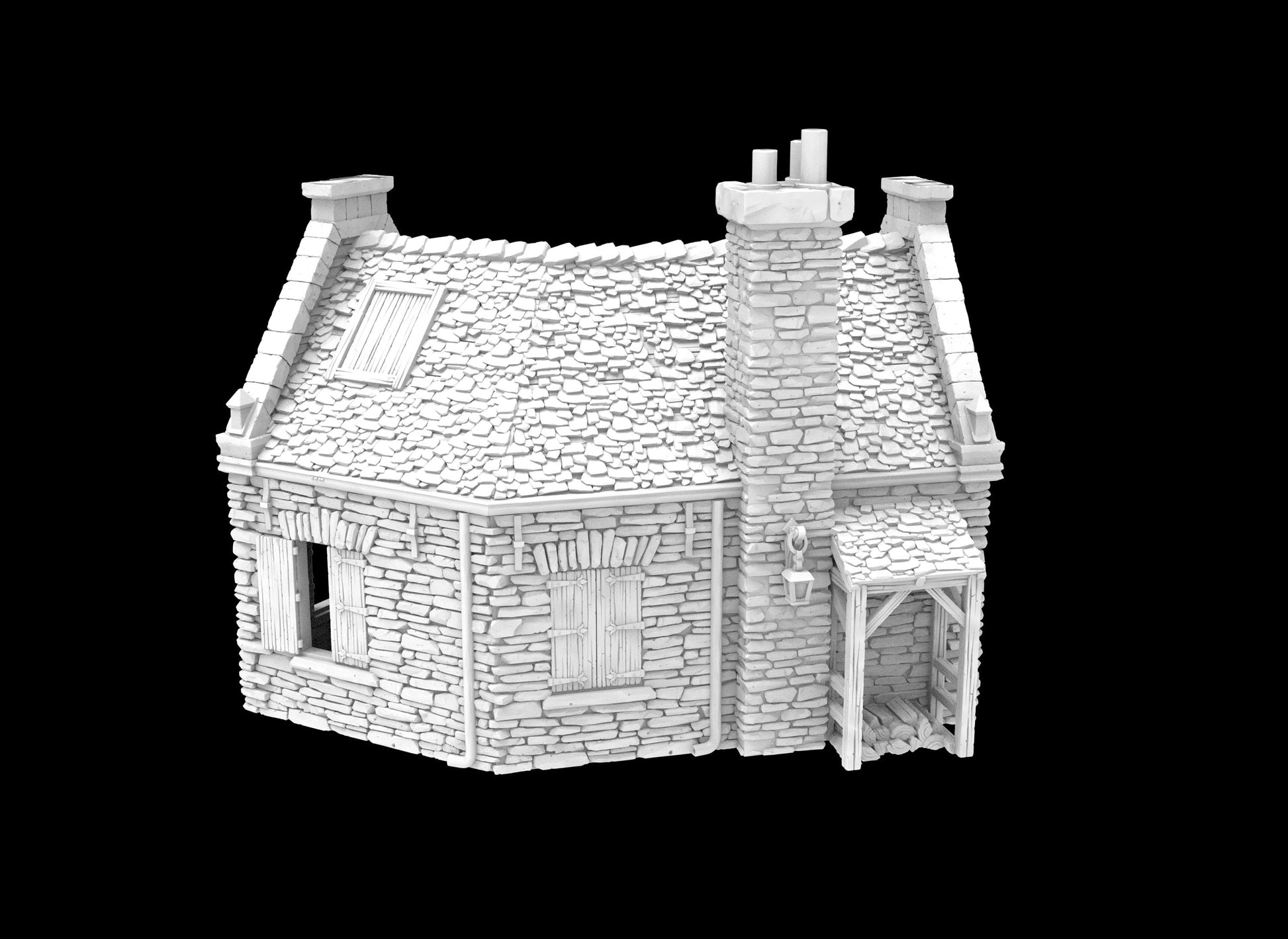 3D-printed model of a small stone house, featuring a sloped roof, chimney, and covered entryway. The interior offers an open single-room layout, perfect for tabletop gameplay. Ideal for historical and fantasy settings, enhancing immersion