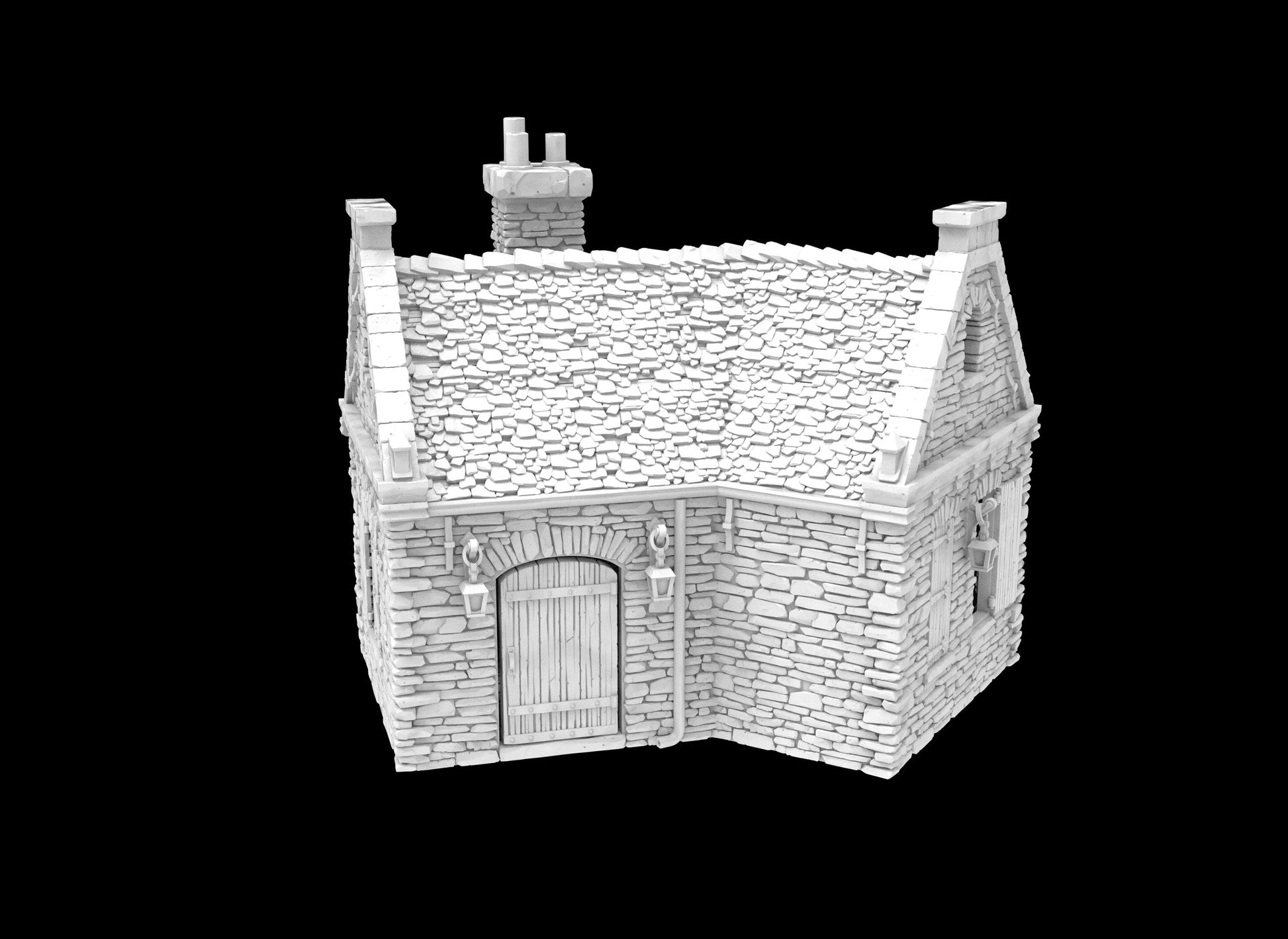 3D-printed model of a small stone house, featuring a sloped roof, chimney, and covered entryway. The interior offers an open single-room layout, perfect for tabletop gameplay. Ideal for historical and fantasy settings, enhancing immersion