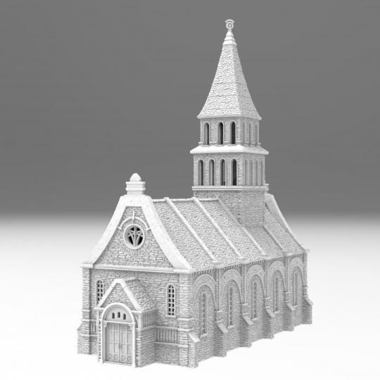 The Greendale Church stands as a grand representation of colonial architecture, complete with a towering steeple and detailed stonework. The removable roof reveals a spacious multi-level interior, perfect for immersive gameplay and storytelling.