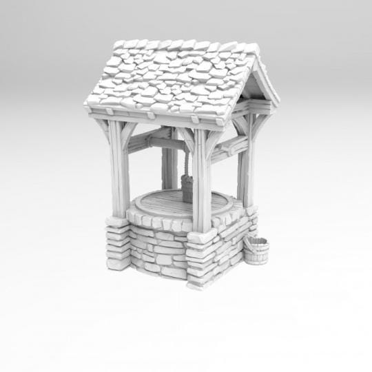 The water well model features a detailed stone base with a wooden roof and bucket, perfect for adding a touch of rustic charm to any tabletop setting. The intricate textures and realistic design make it an excellent accessory for historical games.