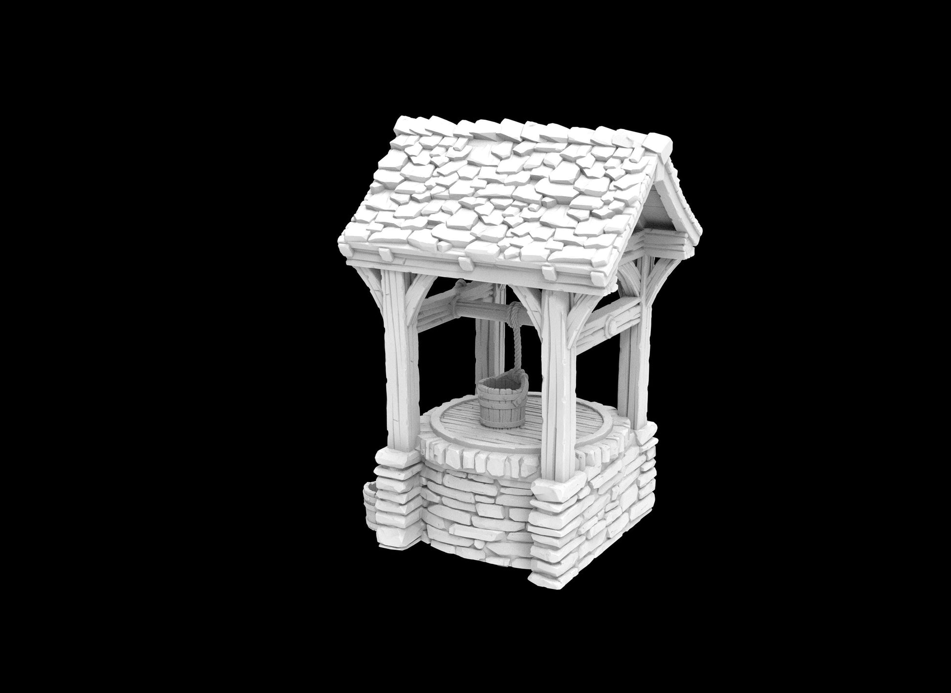 The water well model features a detailed stone base with a wooden roof and bucket, perfect for adding a touch of rustic charm to any tabletop setting. The intricate textures and realistic design make it an excellent accessory for historical games.