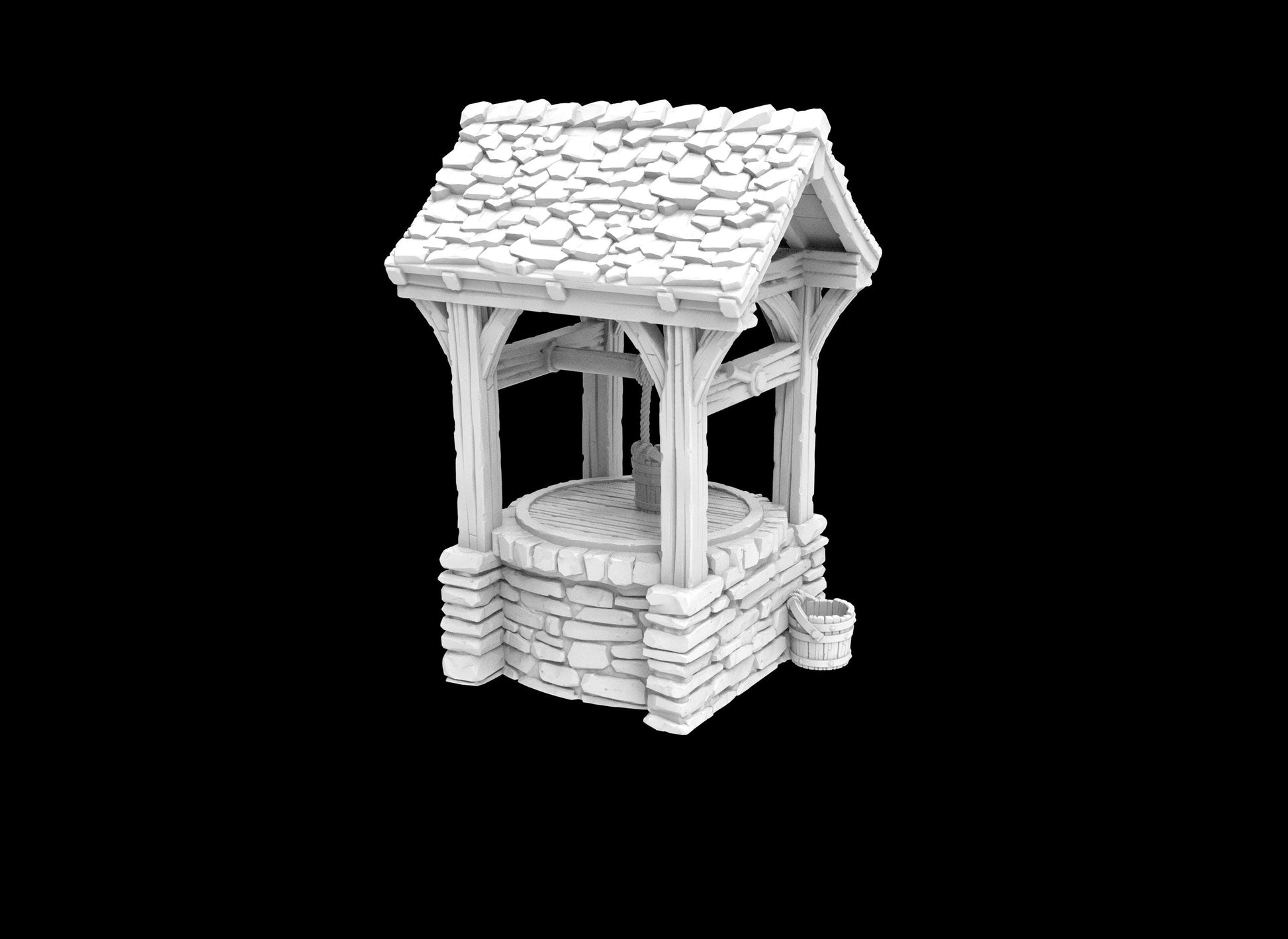 The water well model features a detailed stone base with a wooden roof and bucket, perfect for adding a touch of rustic charm to any tabletop setting. The intricate textures and realistic design make it an excellent accessory for historical games.