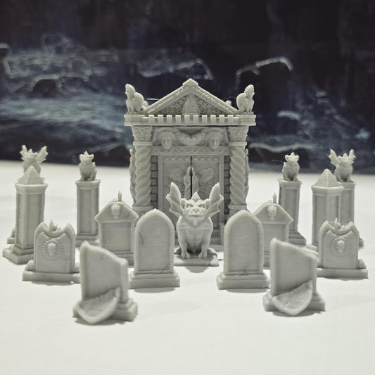 Detailed 15-piece cemetery set for tabletop RPGs, featuring a mausoleum and various gravestones. Perfect for creating eerie graveyard scenes in games like D&D, Pathfinder, and Warhammer.