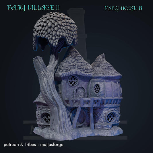 A whimsical fantasy cottage with a large mushroom-shaped roof and detailed stone walls. The structure includes rounded windows, a wooden door, and a balcony adorned with wooden beams. The model exudes a magical, fairy-tale perfect for tabletop games