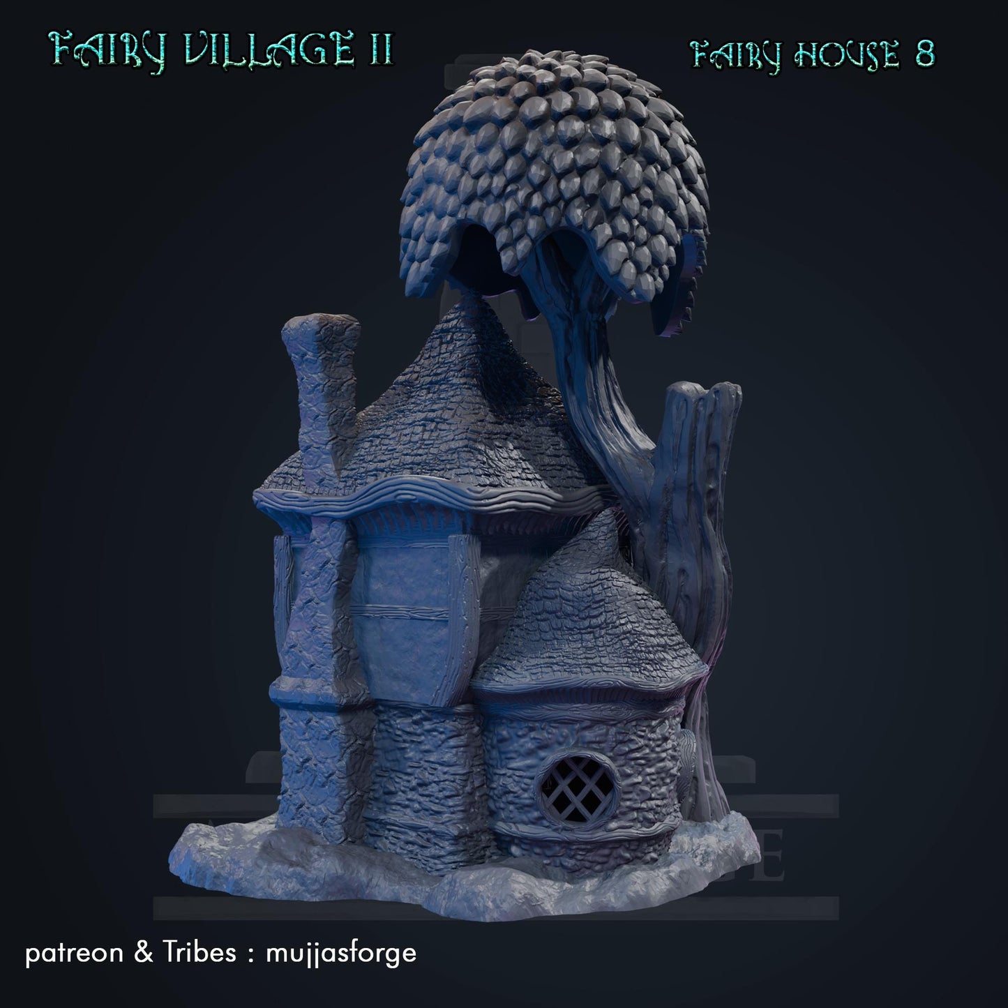 A whimsical fantasy cottage with a large mushroom-shaped roof and detailed stone walls. The structure includes rounded windows, a wooden door, and a balcony adorned with wooden beams. The model exudes a magical, fairy-tale perfect for tabletop games