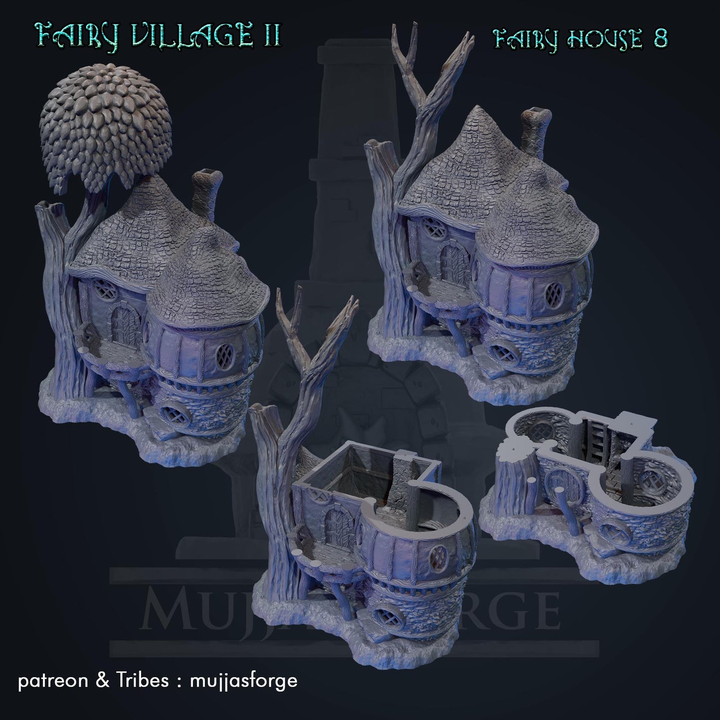 A whimsical fantasy cottage with a large mushroom-shaped roof and detailed stone walls. The structure includes rounded windows, a wooden door, and a balcony adorned with wooden beams. The model exudes a magical, fairy-tale perfect for tabletop games