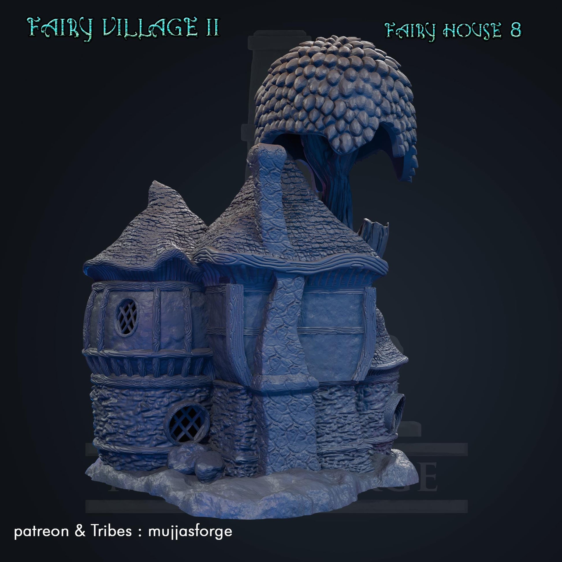 A whimsical fantasy cottage with a large mushroom-shaped roof and detailed stone walls. The structure includes rounded windows, a wooden door, and a balcony adorned with wooden beams. The model exudes a magical, fairy-tale perfect for tabletop games