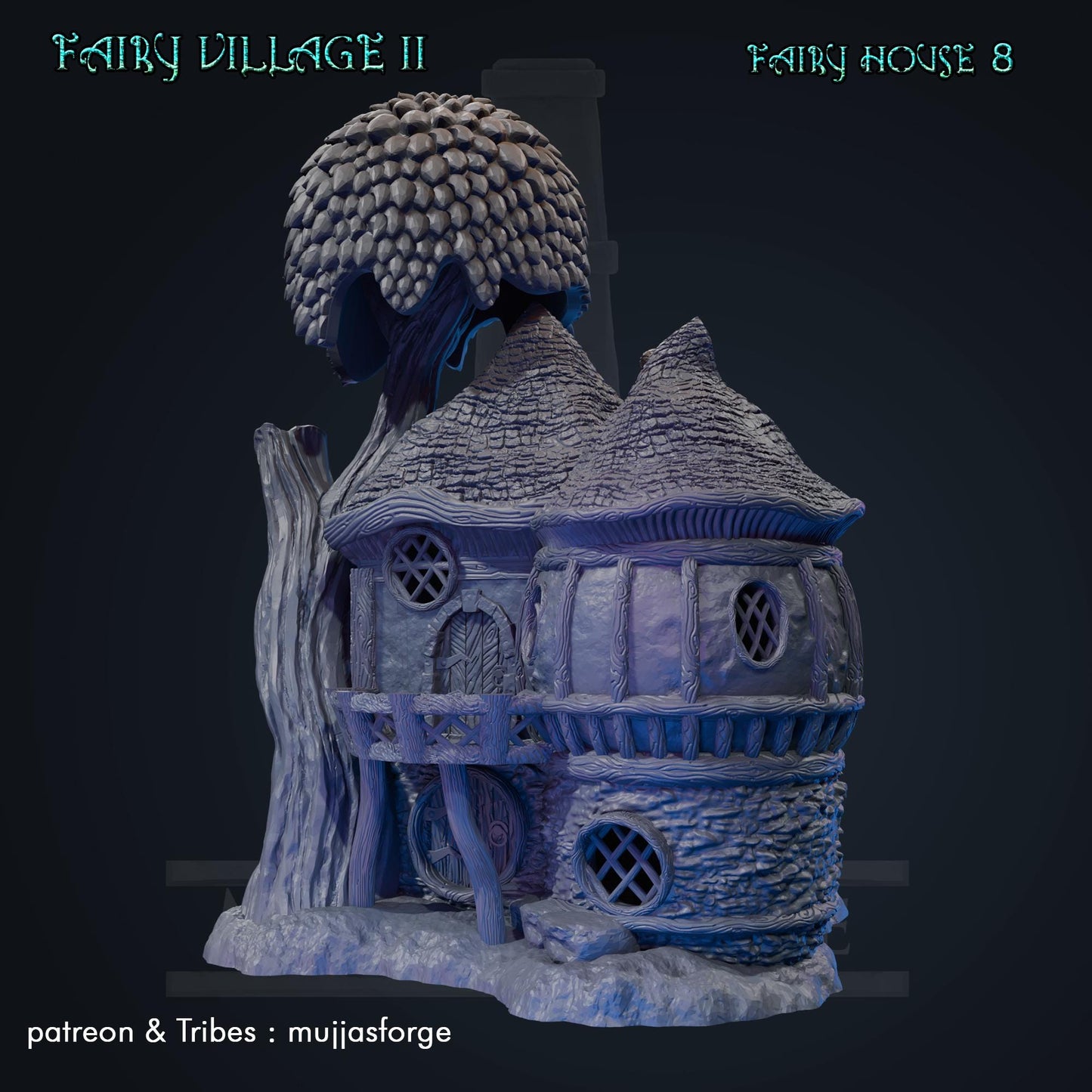 A whimsical fantasy cottage with a large mushroom-shaped roof and detailed stone walls. The structure includes rounded windows, a wooden door, and a balcony adorned with wooden beams. The model exudes a magical, fairy-tale perfect for tabletop games