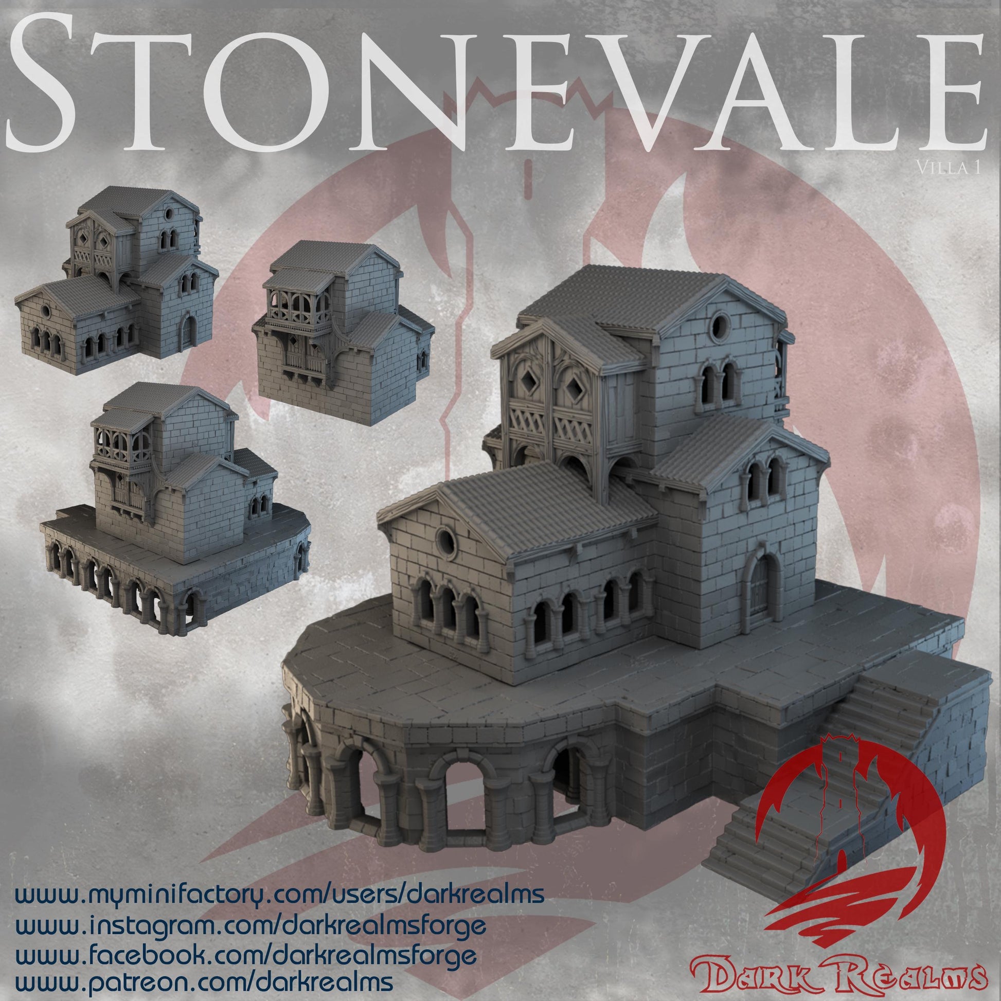 A detailed medieval villa with domed towers and rounded arches, perfect for fantasy or historical tabletop games, featuring robust stone construction and intricate architectural details.