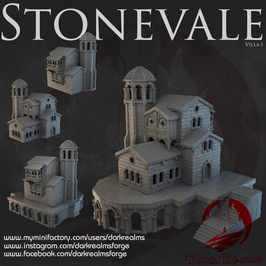 A detailed medieval villa with domed towers and rounded arches, perfect for fantasy or historical tabletop games, featuring robust stone construction and intricate architectural details.