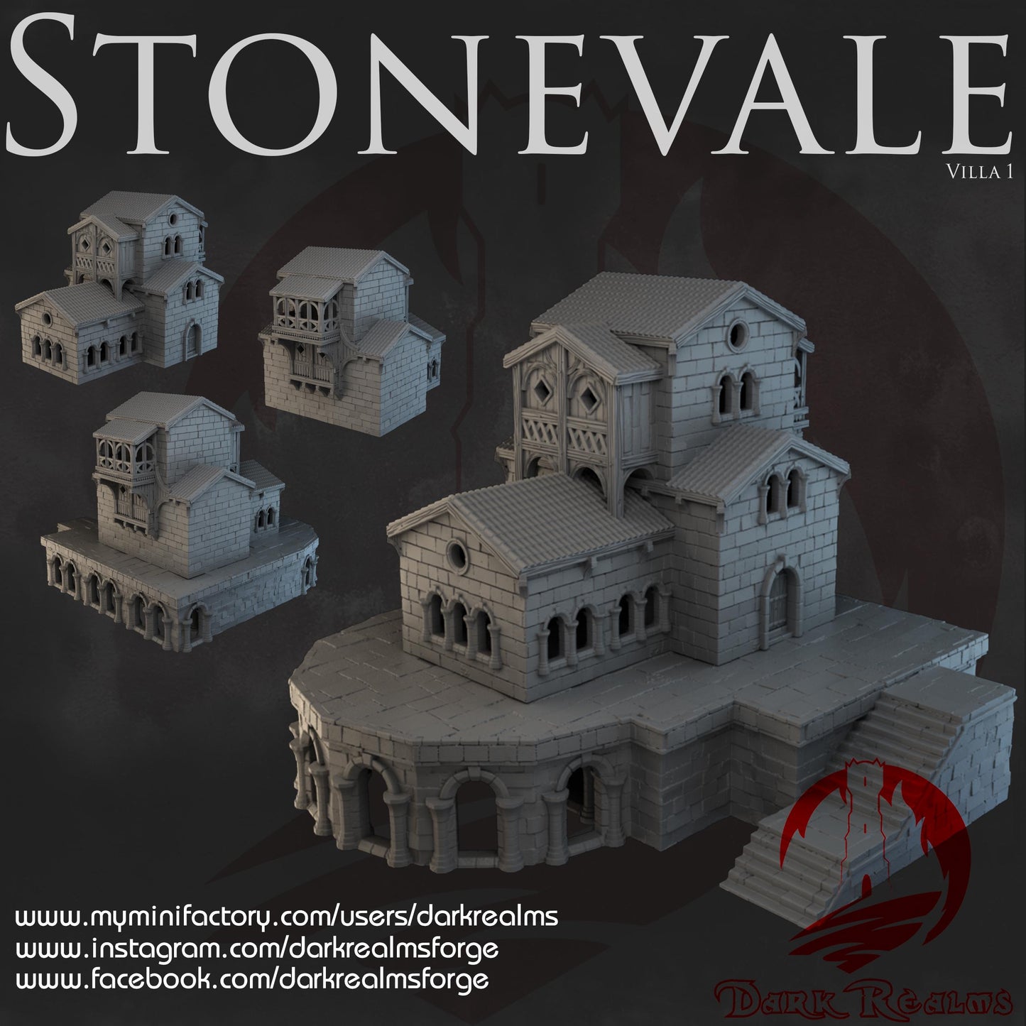 A detailed medieval villa with domed towers and rounded arches, perfect for fantasy or historical tabletop games, featuring robust stone construction and intricate architectural details.