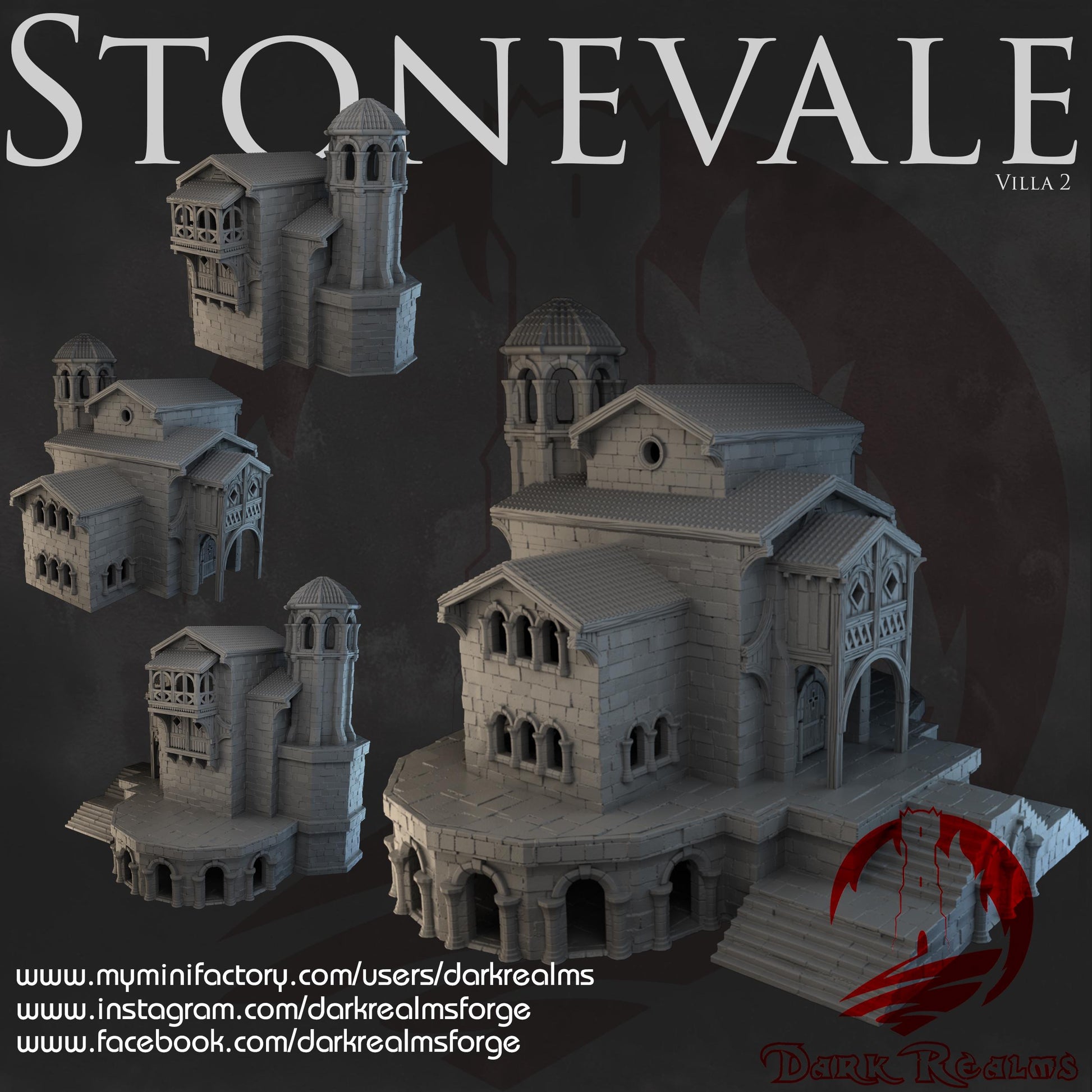 Stonevale Villa 2 - A majestic medieval fortress with gothic architecture, featuring arched windows, turrets, and fortified walls. Perfect for tabletop RPGs and wargaming.