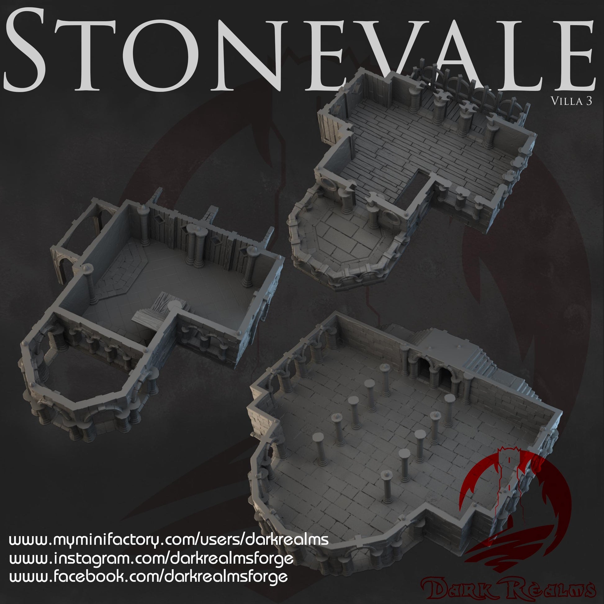 Stonevale Villa 3 showcases a grand fantasy villa with detailed stone arches, balconies, and a spacious terrace. Perfect for D&D, model railroading, and wargaming, this piece adds medieval splendor to any setting.