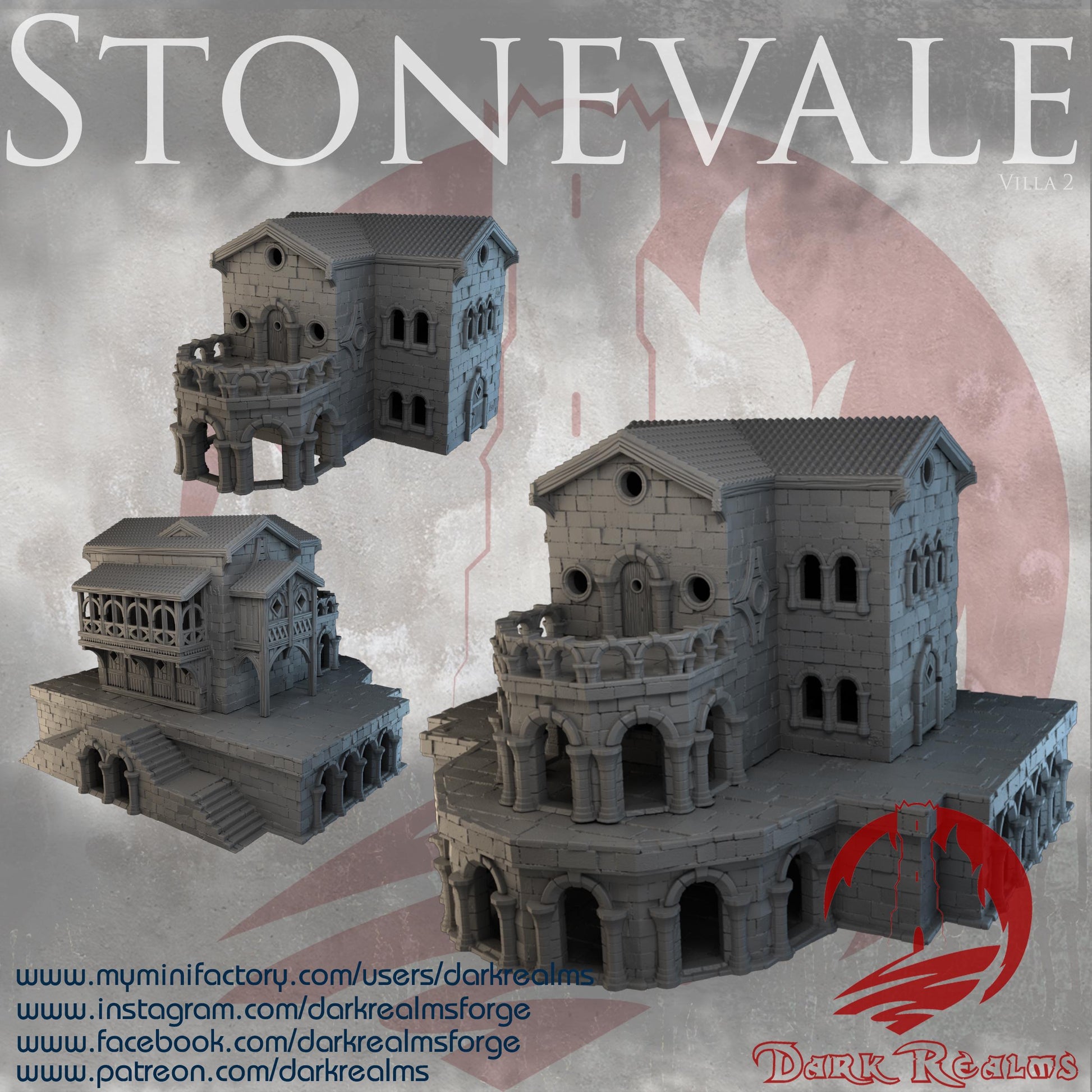 Stonevale Villa 3 showcases a grand fantasy villa with detailed stone arches, balconies, and a spacious terrace. Perfect for D&D, model railroading, and wargaming, this piece adds medieval splendor to any setting.