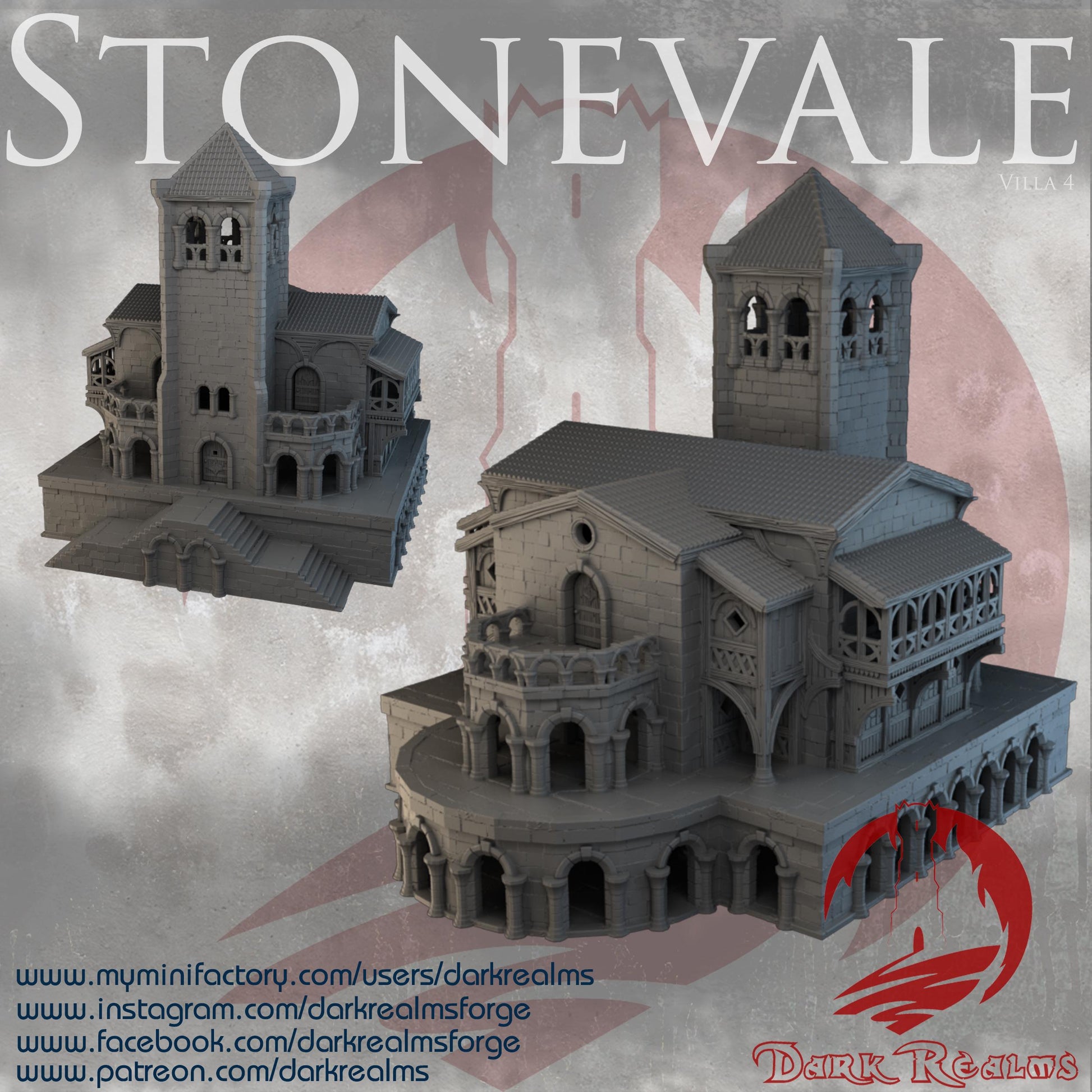 Stonevale Villa 4, a modular medieval stone building with three interchangeable towers. Featuring detailed exteriors with archways, balconies, and intricate stonework. Perfect for D&D, model railroading, and wargaming setups.