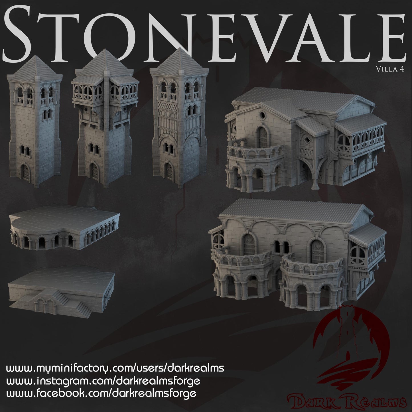 Stonevale Villa 4, a modular medieval stone building with three interchangeable towers. Featuring detailed exteriors with archways, balconies, and intricate stonework. Perfect for D&D, model railroading, and wargaming setups.