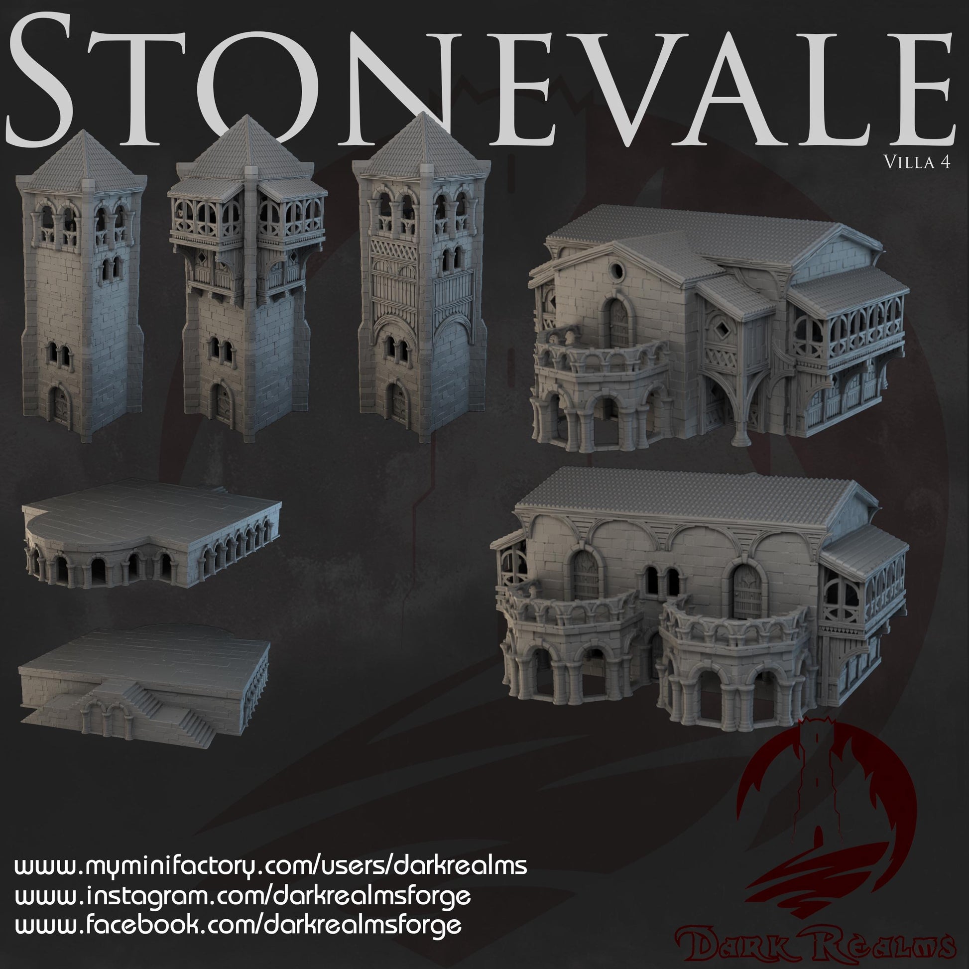 Stonevale Villa 4, a modular medieval stone building with three interchangeable towers. Featuring detailed exteriors with archways, balconies, and intricate stonework. Perfect for D&D, model railroading, and wargaming setups.