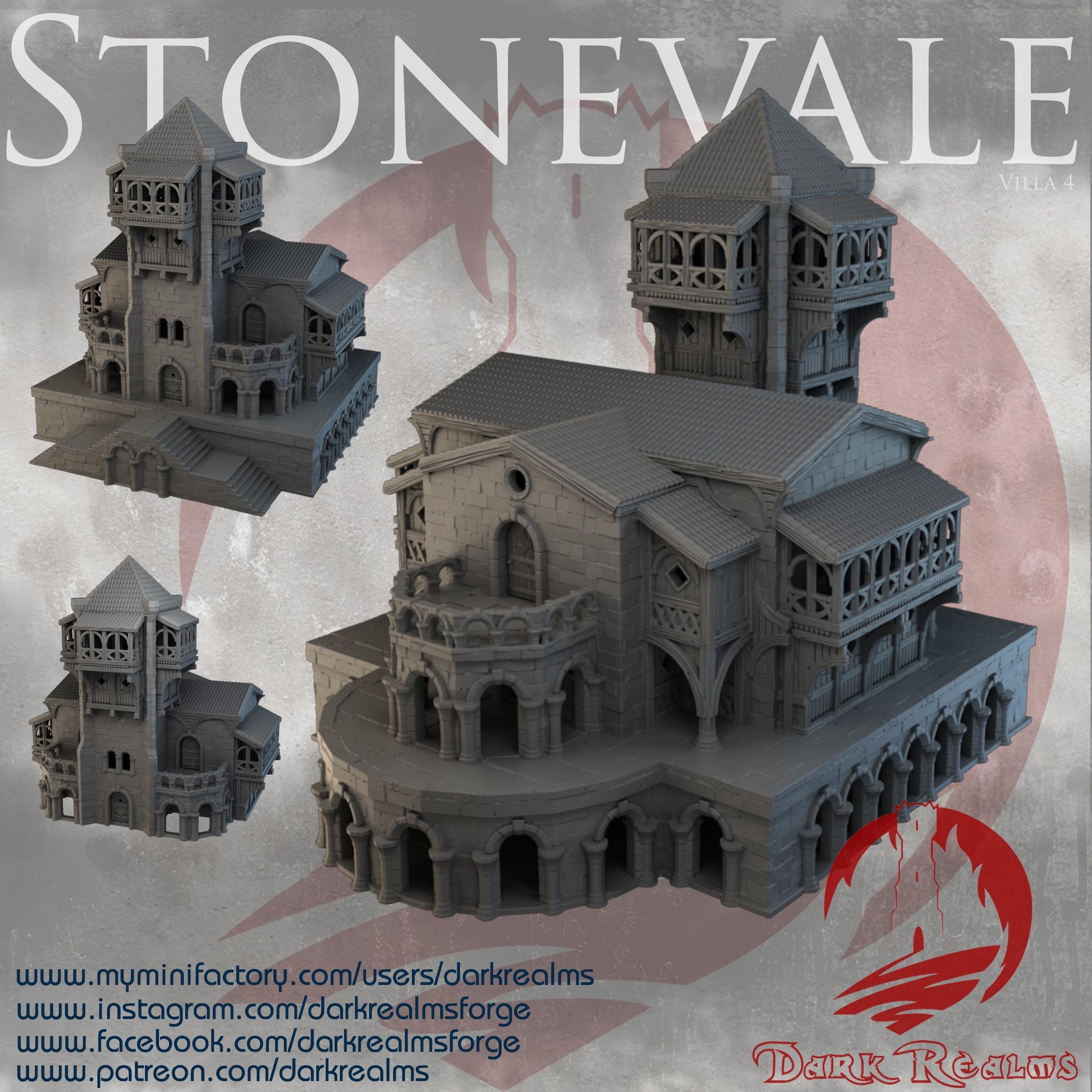 Stonevale Villa 4, a modular medieval stone building with three interchangeable towers. Featuring detailed exteriors with archways, balconies, and intricate stonework. Perfect for D&D, model railroading, and wargaming setups.