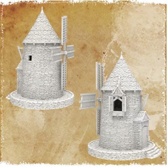 Detailed Greendale Windmill with stone texture, wooden sails, and conical roof. Working sails for added realism. Removable parts for interior access and gameplay versatility. Ideal for enhancing historical or fantasy tabletop settings.