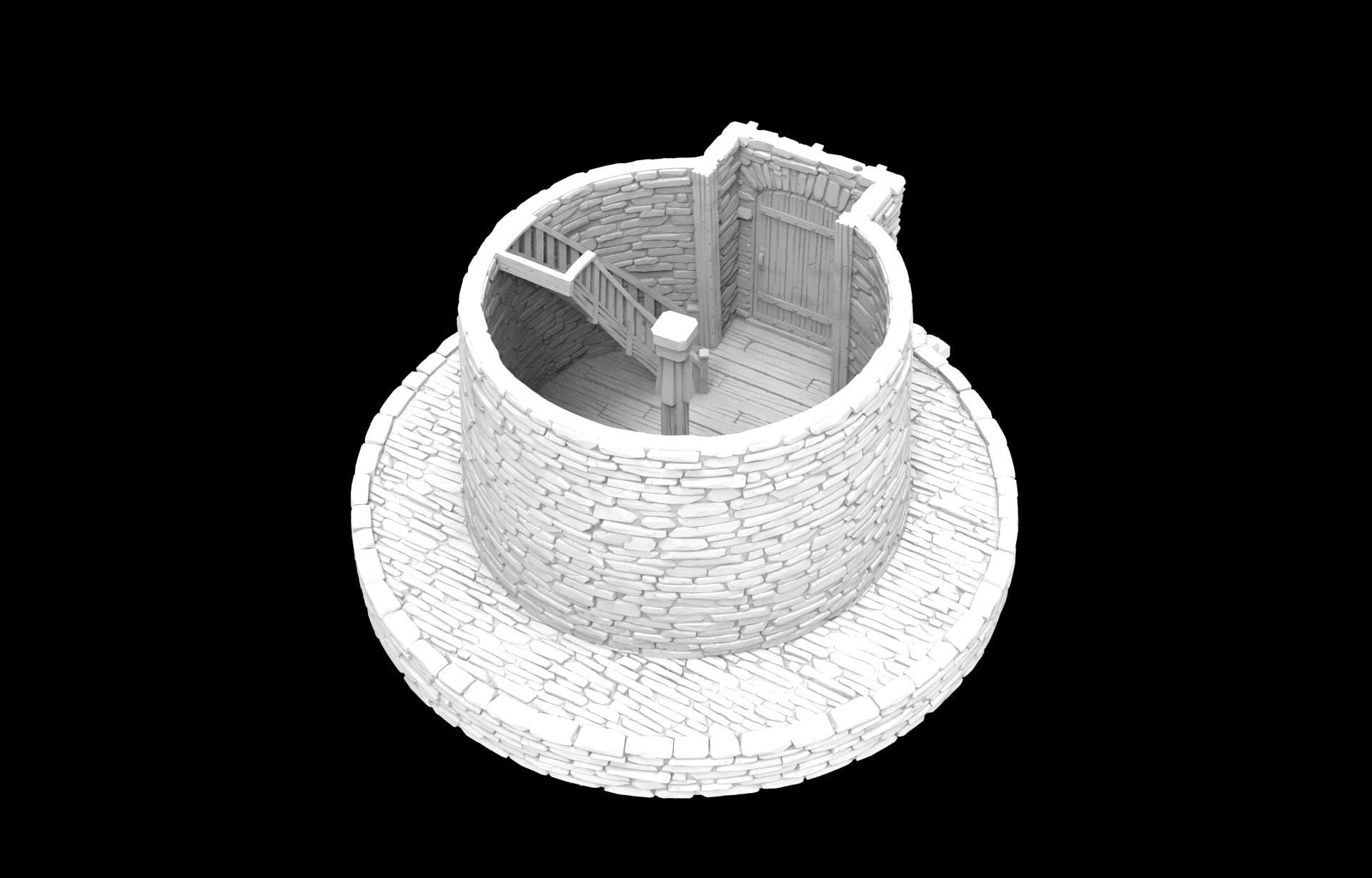 Detailed Greendale Windmill with stone texture, wooden sails, and conical roof. Working sails for added realism. Removable parts for interior access and gameplay versatility. Ideal for enhancing historical or fantasy tabletop settings.