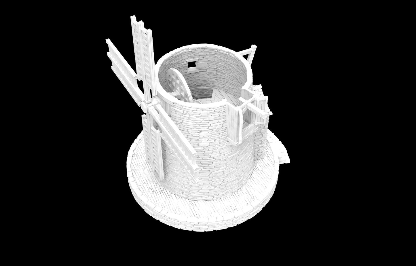 Detailed Greendale Windmill with stone texture, wooden sails, and conical roof. Working sails for added realism. Removable parts for interior access and gameplay versatility. Ideal for enhancing historical or fantasy tabletop settings.