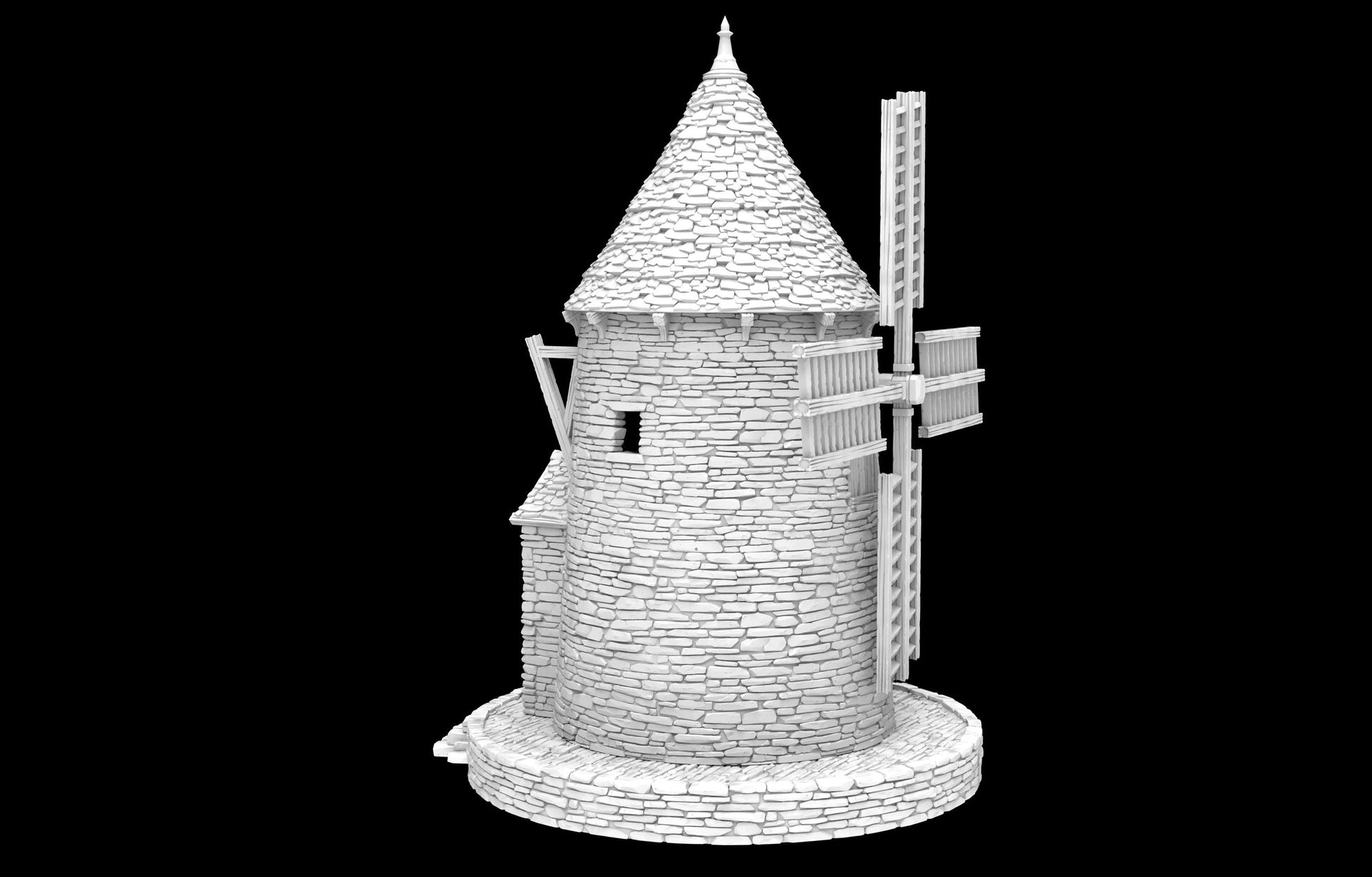 Detailed Greendale Windmill with stone texture, wooden sails, and conical roof. Working sails for added realism. Removable parts for interior access and gameplay versatility. Ideal for enhancing historical or fantasy tabletop settings.