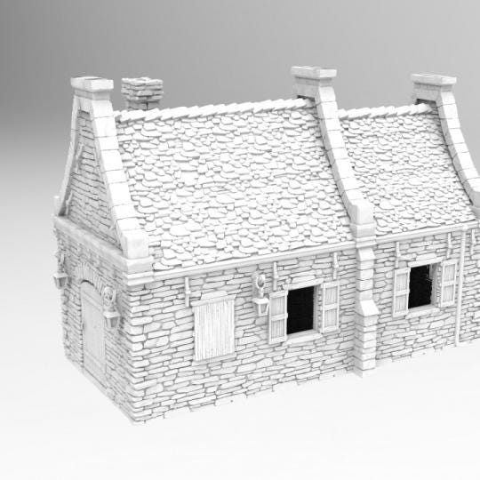 Walter&#39;s Residence is a colonial-era stone house featuring a detailed stone exterior, twin gables, and a rustic ambiance. The interior includes two spacious rooms with a fireplace and wooden floors. Ideal for tabletop RPGs and wargaming.