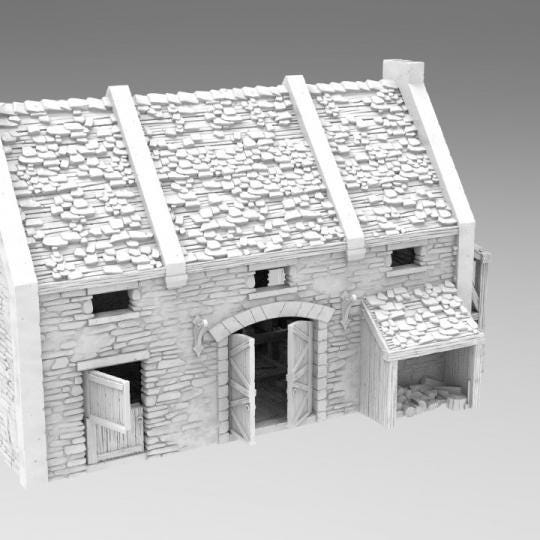 Stone cattle shed with a pitched roof and large wooden doors, featuring a loft area for versatile play. The model has detailed stone walls and a rustic appearance, perfect for historical and fantasy settings.