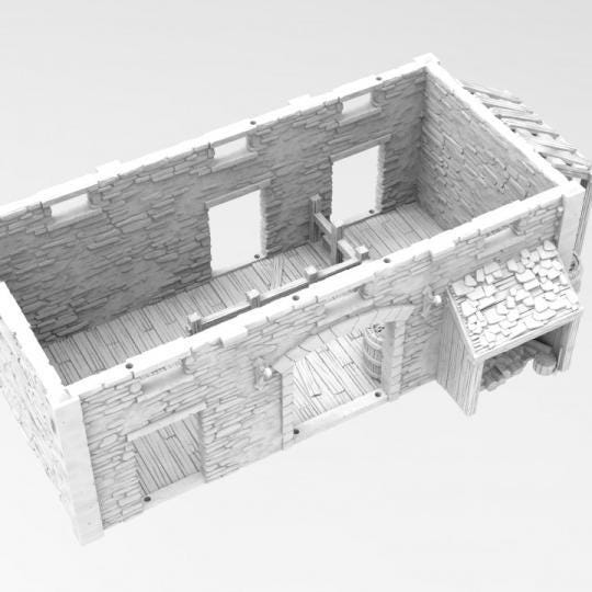 Stone cattle shed with a pitched roof and large wooden doors, featuring a loft area for versatile play. The model has detailed stone walls and a rustic appearance, perfect for historical and fantasy settings.