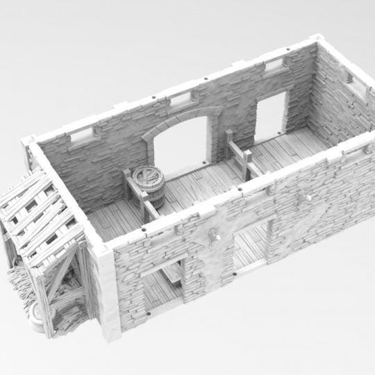 Stone cattle shed with a pitched roof and large wooden doors, featuring a loft area for versatile play. The model has detailed stone walls and a rustic appearance, perfect for historical and fantasy settings.