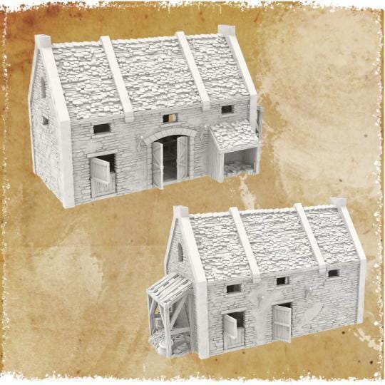 Stone cattle shed with a pitched roof and large wooden doors, featuring a loft area for versatile play. The model has detailed stone walls and a rustic appearance, perfect for historical and fantasy settings.